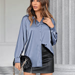 Womens Satin Silk Shirt V-Neck Long Sleeve Button Down Shirt Casual Loose Office Blouse Tops - Nadorine (Us Only)