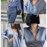 Womens Satin Silk Shirt V-Neck Long Sleeve Button Down Shirt Casual Loose Office Blouse Tops - Nadorine (Us Only)