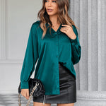 Womens Satin Silk Shirt V-Neck Long Sleeve Button Down Shirt Casual Loose Office Blouse Tops - Nadorine (Us Only)