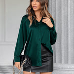Womens Satin Silk Shirt V-Neck Long Sleeve Button Down Shirt Casual Loose Office Blouse Tops - Nadorine (Us Only)