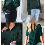 Womens Satin Silk Shirt V-Neck Long Sleeve Button Down Shirt Casual Loose Office Blouse Tops - Nadorine (Us Only)