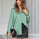Womens Satin Silk Shirt V-Neck Long Sleeve Button Down Shirt Casual Loose Office Blouse Tops - Nadorine (Us Only)