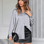 Womens Satin Silk Shirt V-Neck Long Sleeve Button Down Shirt Casual Loose Office Blouse Tops - Nadorine (Us Only)