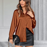 Womens Satin Silk Shirt V-Neck Long Sleeve Button Down Shirt Casual Loose Office Blouse Tops - Nadorine (Us Only)