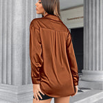 Womens Satin Silk Shirt V-Neck Long Sleeve Button Down Shirt Casual Loose Office Blouse Tops - Nadorine (Us Only)