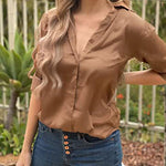 Womens Satin Silk Shirt V-Neck Long Sleeve Button Down Shirt Casual Loose Office Blouse Tops - Nadorine (Us Only)