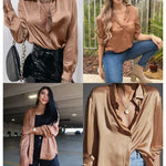 Womens Satin Silk Shirt V-Neck Long Sleeve Button Down Shirt Casual Loose Office Blouse Tops - Nadorine (Us Only)