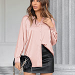 Womens Satin Silk Shirt V-Neck Long Sleeve Button Down Shirt Casual Loose Office Blouse Tops - Nadorine (Us Only)