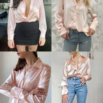 Womens Satin Silk Shirt V-Neck Long Sleeve Button Down Shirt Casual Loose Office Blouse Tops - Nadorine (Us Only)