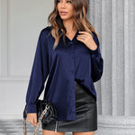 Womens Satin Silk Shirt V-Neck Long Sleeve Button Down Shirt Casual Loose Office Blouse Tops - Nadorine (Us Only)