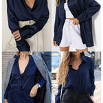 Womens Satin Silk Shirt V-Neck Long Sleeve Button Down Shirt Casual Loose Office Blouse Tops - Nadorine (Us Only)