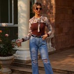 Nadorine Bow Tie Neck Long Sleeve Shirts Work Tops