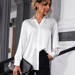 Womens Satin Silk Shirt V-Neck Long Sleeve Button Down Shirt Casual Loose Office Blouse Tops - Nadorine (Us Only)