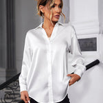 Womens Satin Silk Shirt V-Neck Long Sleeve Button Down Shirt Casual Loose Office Blouse Tops - Nadorine (Us Only)