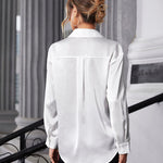 Womens Satin Silk Shirt V-Neck Long Sleeve Button Down Shirt Casual Loose Office Blouse Tops - Nadorine (Us Only)