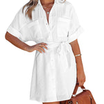 Women's Shirt Dress Button Down V Neck Blouse Short Roll-up Sleeve Tunic Tops with Pockets - Nadorine (Us Only)