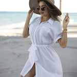 Women's Shirt Dress Button Down V Neck Blouse Short Roll-up Sleeve Tunic Tops with Pockets - Nadorine (Us Only)
