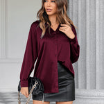 Womens Satin Silk Shirt V-Neck Long Sleeve Button Down Shirt Casual Loose Office Blouse Tops - Nadorine (Us Only)