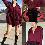 Womens Satin Silk Shirt V-Neck Long Sleeve Button Down Shirt Casual Loose Office Blouse Tops - Nadorine (Us Only)