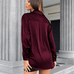 Womens Satin Silk Shirt V-Neck Long Sleeve Button Down Shirt Casual Loose Office Blouse Tops - Nadorine (Us Only)