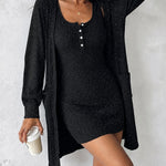 2 Pieces Outfit U-Neck Half Button Front Slim Fit Mini Tank Dress and Long Sleeve Pockets Design Mid-length Cardigan Casual Rhinestone Decor Textured Set
