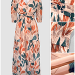 Plants Print V-Neck Half Sleeve Shirred Back Maxi Dress Casual Button Decor Ruched Ruffle Hem Vacation Dress