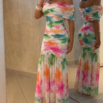 Women's Foldover Off-Shoulder Floral Mermaid Dress Mesh Ruched Maxi Gown with Detachable Clear Straps