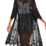 Women's Lace Cardigan Floral Crochet Long Kimono 3/4 Sleeve Mesh Bathing Suit Cover Ups - Nadorine (Us Only)