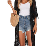 Women's Lace Cardigan Floral Crochet Long Kimono 3/4 Sleeve Mesh Bathing Suit Cover Ups - Nadorine (Us Only)