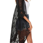 Women's Lace Cardigan Floral Crochet Long Kimono 3/4 Sleeve Mesh Bathing Suit Cover Ups - Nadorine (Us Only)