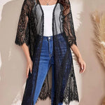 Women's Lace Cardigan Floral Crochet Long Kimono 3/4 Sleeve Mesh Bathing Suit Cover Ups - Nadorine (Us Only)