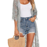 Women's Lace Cardigan Floral Crochet Long Kimono 3/4 Sleeve Mesh Bathing Suit Cover Ups - Nadorine (Us Only)