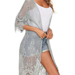 Women's Lace Cardigan Floral Crochet Long Kimono 3/4 Sleeve Mesh Bathing Suit Cover Ups - Nadorine (Us Only)