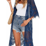 Women's Lace Cardigan Floral Crochet Long Kimono 3/4 Sleeve Mesh Bathing Suit Cover Ups - Nadorine (Us Only)