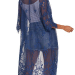 Women's Lace Cardigan Floral Crochet Long Kimono 3/4 Sleeve Mesh Bathing Suit Cover Ups - Nadorine (Us Only)
