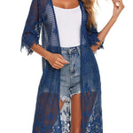 Women's Lace Cardigan Floral Crochet Long Kimono 3/4 Sleeve Mesh Bathing Suit Cover Ups - Nadorine (Us Only)