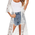 Women's Lace Cardigan Floral Crochet Long Kimono 3/4 Sleeve Mesh Bathing Suit Cover Ups - Nadorine (Us Only)