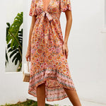 Nadorine Women's Bohemian Floral Tie Front V Neck Midi Dresses