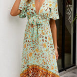 Nadorine Women's Bohemian Floral Tie Front V Neck Midi Dresses