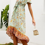 Nadorine Women's Bohemian Floral Tie Front V Neck Midi Dresses