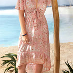 Nadorine Women's Bohemian Floral Tie Front V Neck Midi Dresses