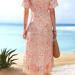 Nadorine Women's Bohemian Floral Tie Front V Neck Midi Dresses