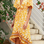 Nadorine Women's Bohemian Floral Tie Front V Neck Midi Dresses