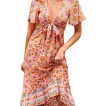 Nadorine Women's Bohemian Floral Tie Front V Neck Midi Dresses