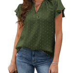 Womens Blouse V Neck Ruffle Short Sleeve Swiss Dot Tops Button Casual Shirts - Nadorine (Us Only)