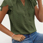 Womens Blouse V Neck Ruffle Short Sleeve Swiss Dot Tops Button Casual Shirts - Nadorine (Us Only)