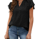 Womens Blouse V Neck Ruffle Short Sleeve Swiss Dot Tops Button Casual Shirts - Nadorine (Us Only)