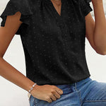 Womens Blouse V Neck Ruffle Short Sleeve Swiss Dot Tops Button Casual Shirts - Nadorine (Us Only)
