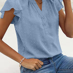 Womens Blouse V Neck Ruffle Short Sleeve Swiss Dot Tops Button Casual Shirts - Nadorine (Us Only)