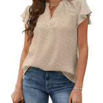 Womens Blouse V Neck Ruffle Short Sleeve Swiss Dot Tops Button Casual Shirts - Nadorine (Us Only)